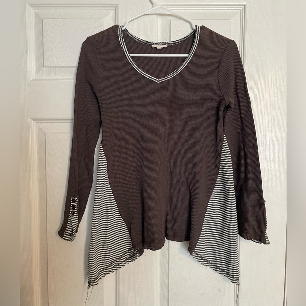 Mystree Women’s size Small Brown V-Neck Tunic with Black & White Striped Panels
